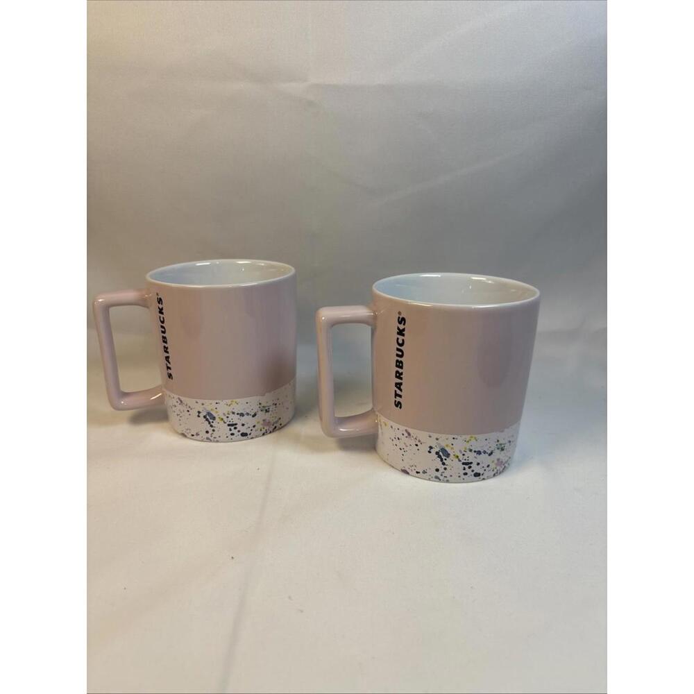 Set 2 -2017 Starbucks Mugs Cup Pink & White Confetti Speckled Square Handle 12oz